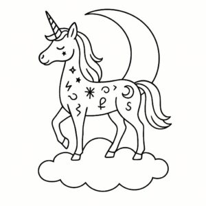 Coloring page of a unicorn, moonlight wanderer posing gracefully