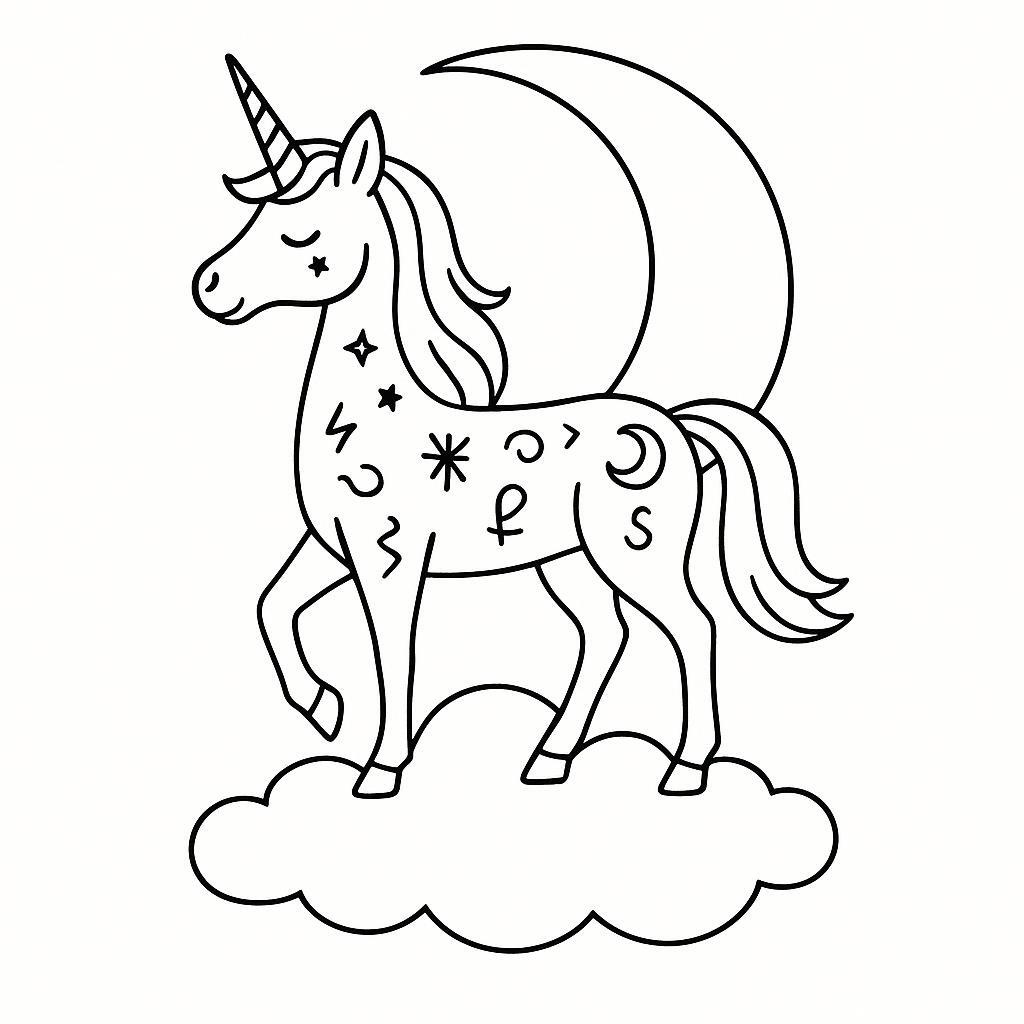 Coloring page of a unicorn, moonlight wanderer posing gracefully