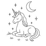 Page à colorier d&rsquo;une licorne, vagabonde au clair de lune se reposant dans une prairie