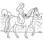 Page à colorier d&rsquo;un cheval de guerre, d&rsquo;un étalon sauvage qu&rsquo;une femme monte gracieusement