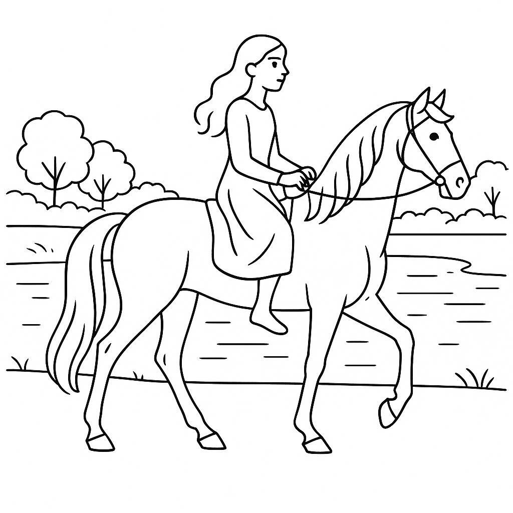 Coloring page of a war horse, wild stallion a woman riding gracefully