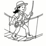 Page à colorier d&rsquo;une femme aventurière, alpiniste traversant un pont de corde
