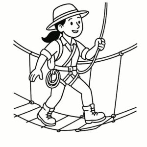 Coloring page of a woman adventurer, mountain climber navigating a rope bridge