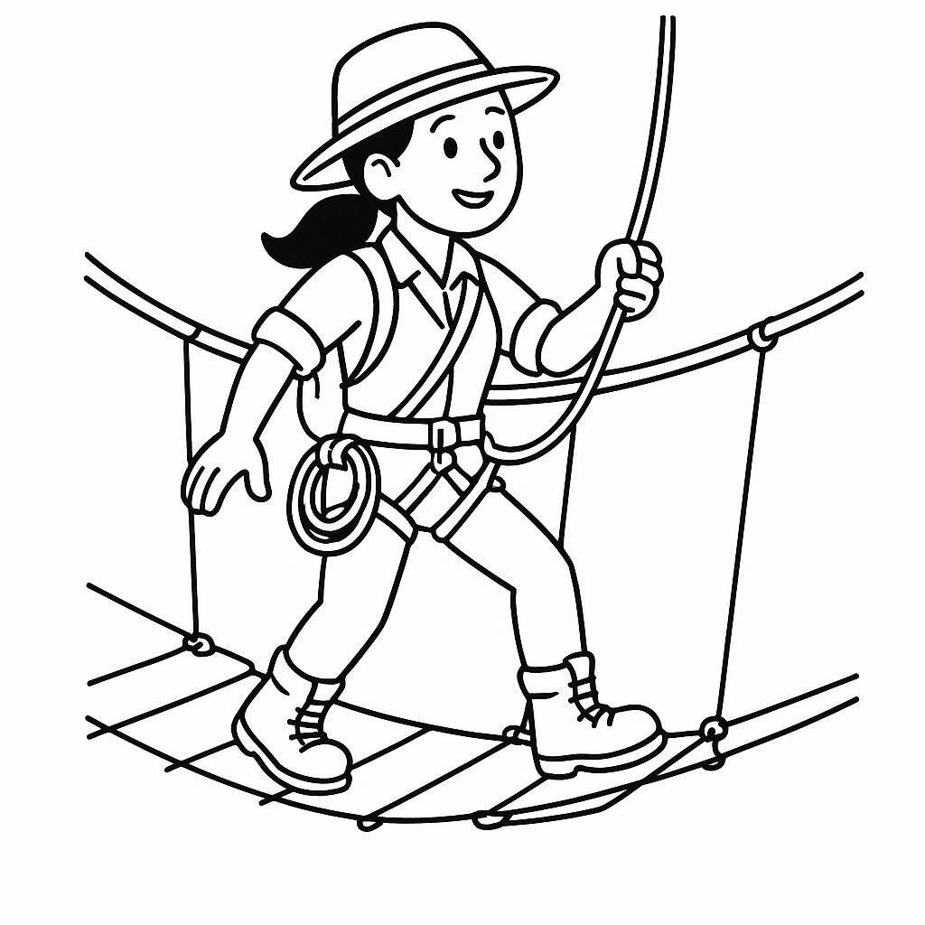 Coloring page of a woman adventurer, mountain climber navigating a rope bridge