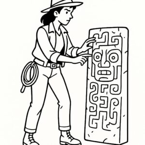 Coloring page of a woman treasure seeker, jungle explorer examining ancient carvings