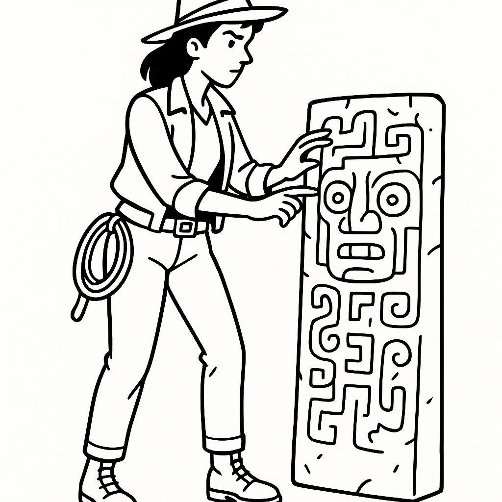 Coloring page of a woman treasure seeker, jungle explorer examining ancient carvings
