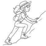 Coloring page of a woman treasure seeker, mountain climber climbing a hill