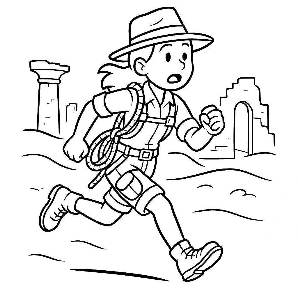 Coloring page of a woman treasure seeker, timeworn relic seeker running from danger