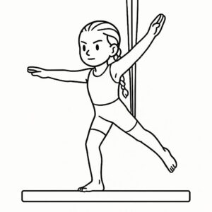 Coloring page of a young athlete, aerial silk performer balancing on a beam