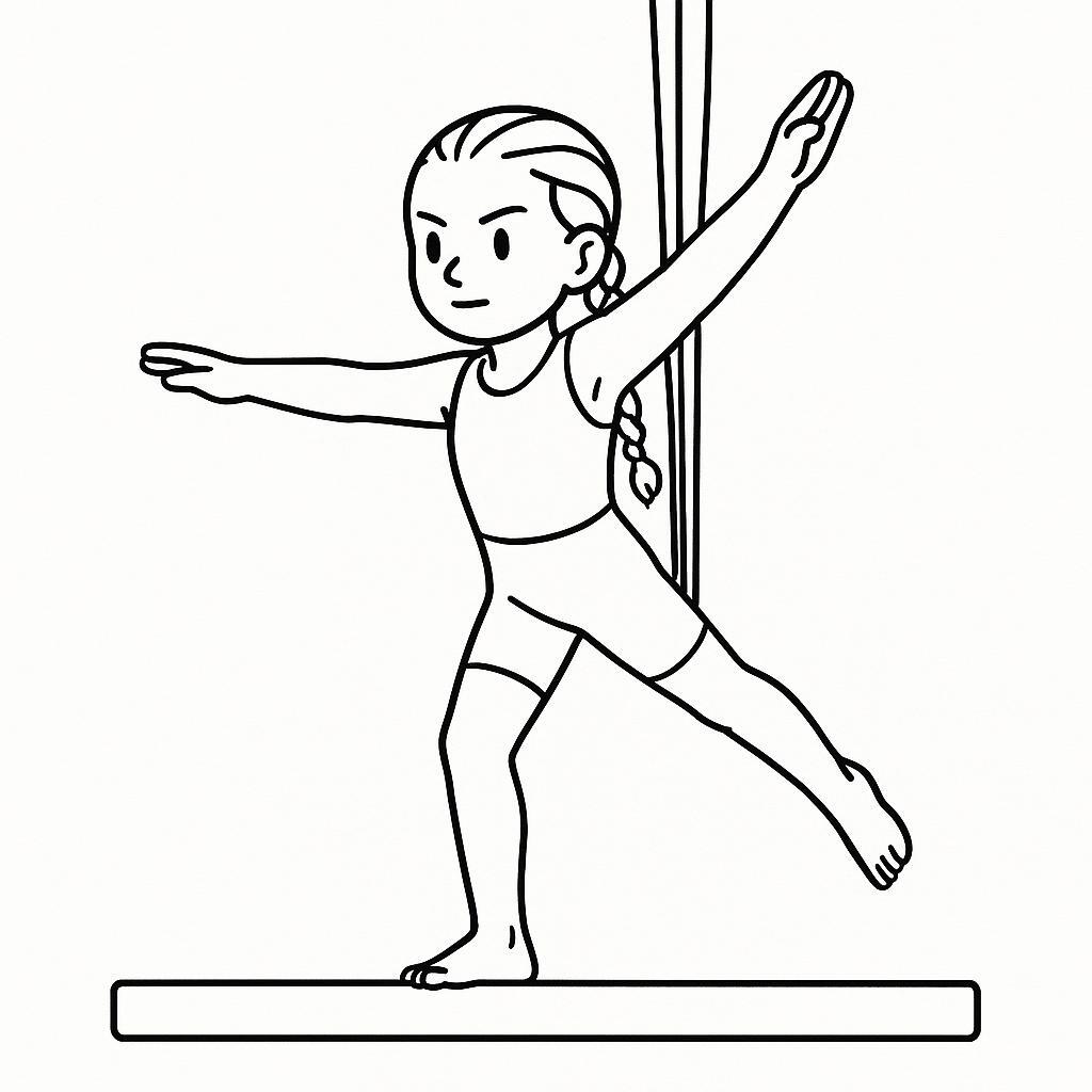 Coloring page of a young athlete, aerial silk performer balancing on a beam
