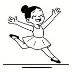Page à colorier d&rsquo;une jeune ballerine, danseuse de hip-hop sautant sur scène