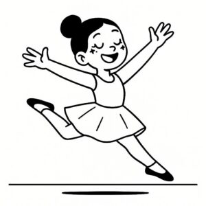 Coloring page of a young ballerina, hip-hop dancer leaping across the stage