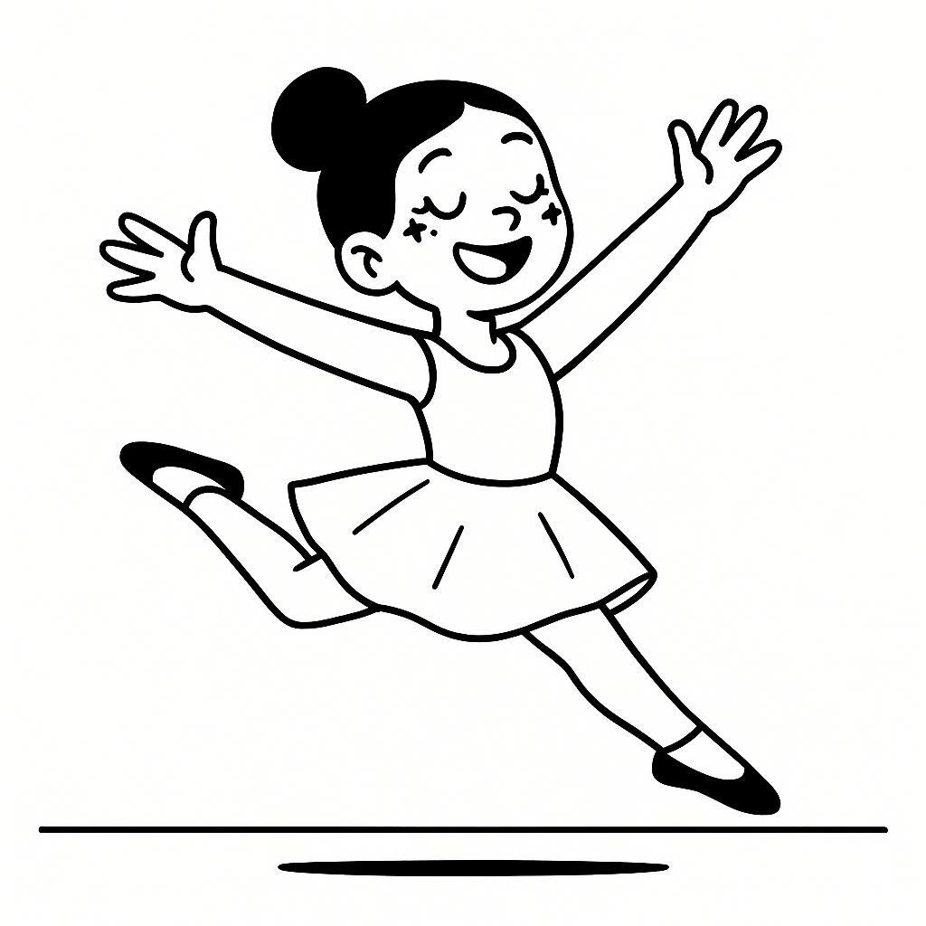 Coloring page of a young ballerina, hip-hop dancer leaping across the stage