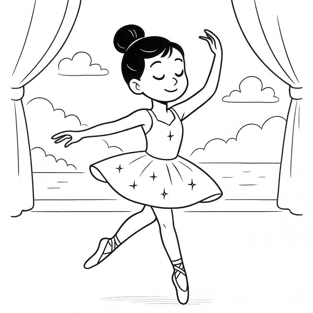 Coloring page of a young ballerina, hip-hop dancer spinning gracefully