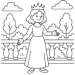 Page à colorier d&rsquo;une jeune reine, charmante leader se tenant sur un balcon