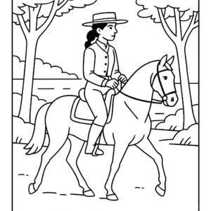 Coloring page of a Andalusian female rider, equestrian athlete riding through a forest