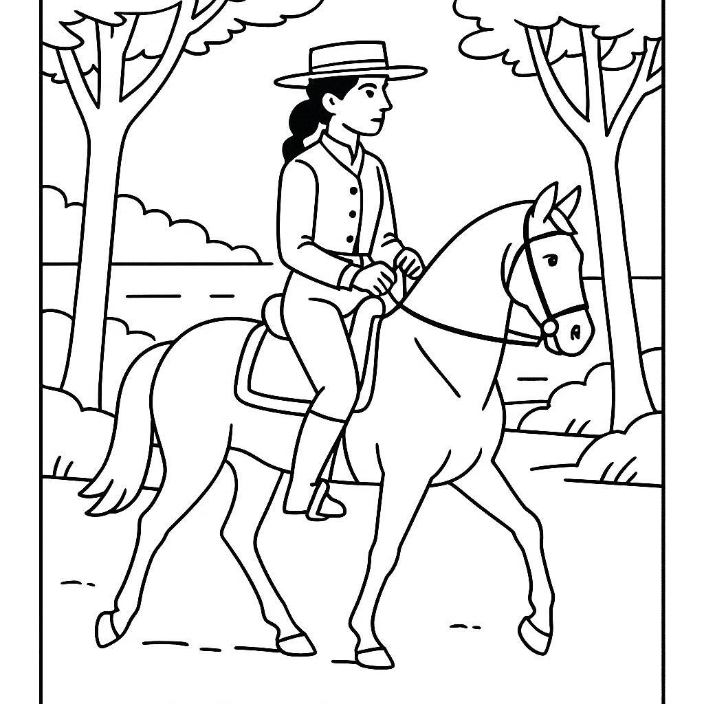Coloring page of a Andalusian female rider, equestrian athlete riding through a forest