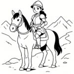 Page à colorier d’une fille andalouse montant à cheval, cowgirl posant fièrement avec son cheval