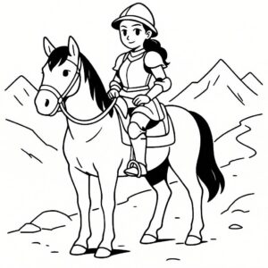 Coloring page of a Andalusian girl riding a horse, cowgirl posing proudly with her horse