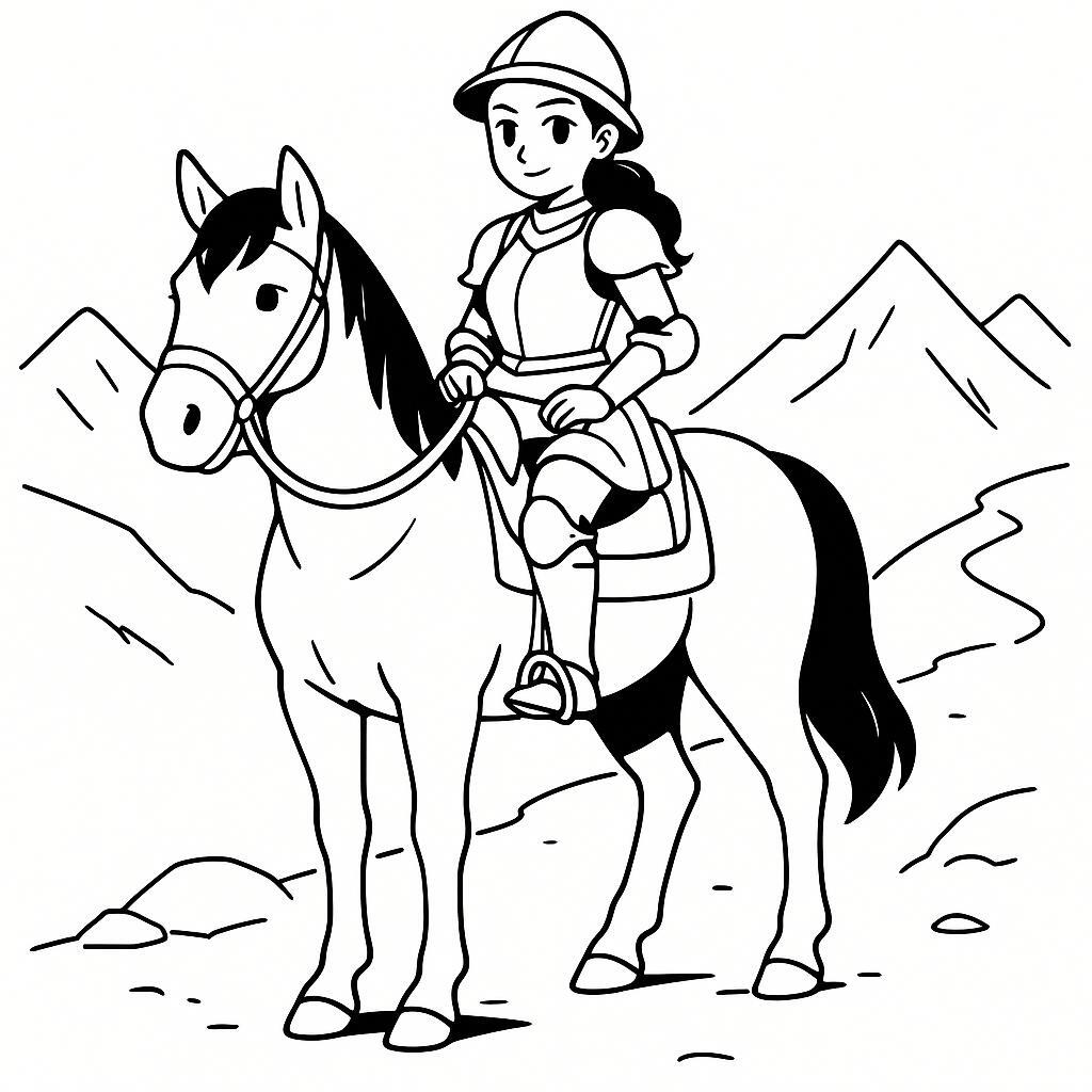 Coloring page of a Andalusian girl riding a horse, cowgirl posing proudly with her horse