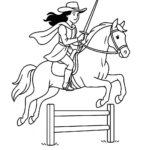 Page à colorier d&rsquo;une fille andalouse montant à cheval, chevalière médiévale sautant par-dessus une clôture