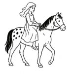 Page à colorier d&rsquo;une fille Appaloosa chevauchant un cheval, fille de village sur un poney au coucher du soleil