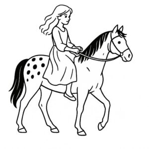 Coloring page of a Appaloosa girl riding a horse, village girl on a pony riding at sunset