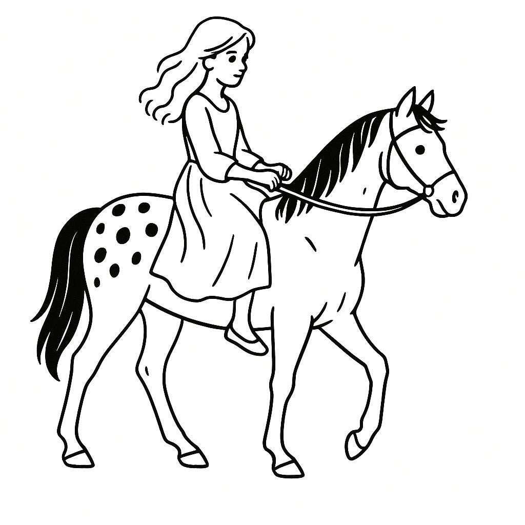 Page à colorier d'une fille Appaloosa chevauchant un cheval, fille de village sur un poney au coucher du soleil