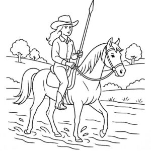 Coloring page of a Arabian horse girl riding a horse, cowgirl crossing a river
