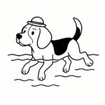 Page à colorier d’un chien Beagle, curieux explorateur nageant dans un lac
