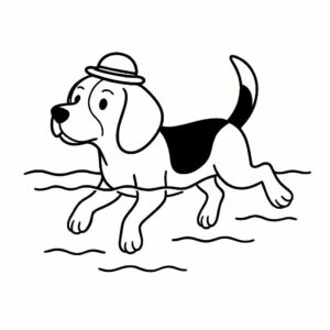Coloring page of a Beagle dog, curious explorer swimming in a lake