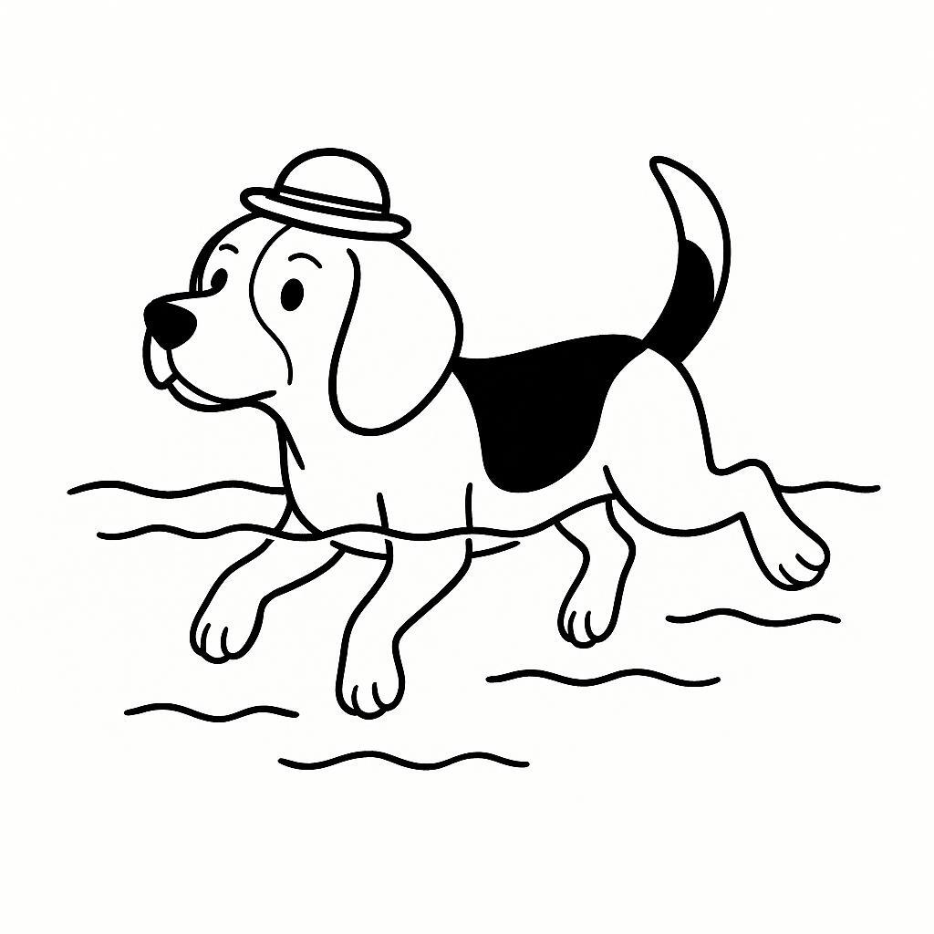 Coloring page of a Beagle dog, curious explorer swimming in a lake