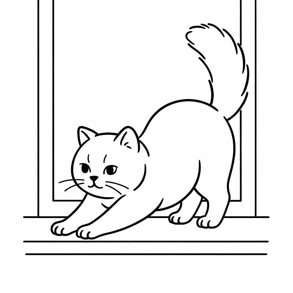 Coloring page of a British Shorthair cat, graceful feline stretching on a windowsill