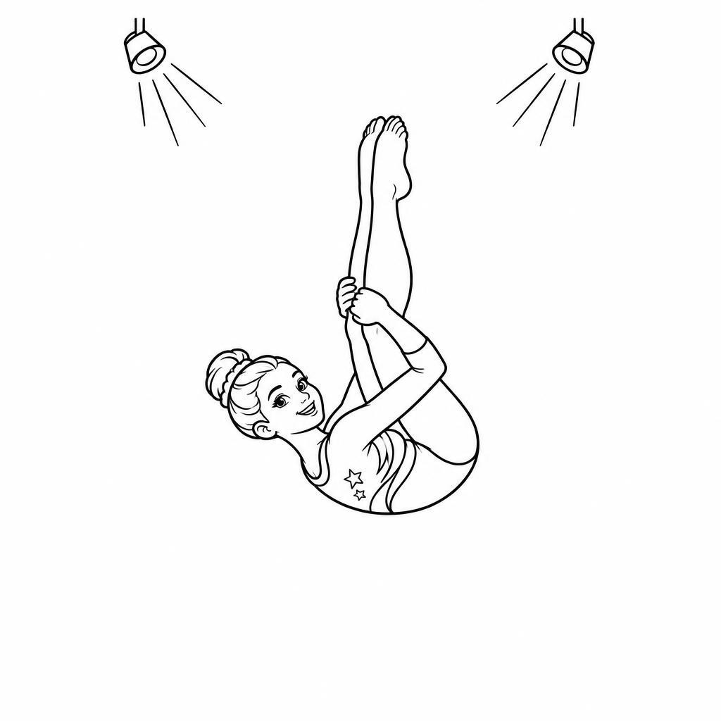 Coloring page of a competitive gymnast, artistic gymnast doing a flip