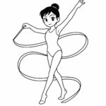 Page à colorier d&rsquo;une gymnaste compétitive, gymnaste rythmique faisant tourner un ruban