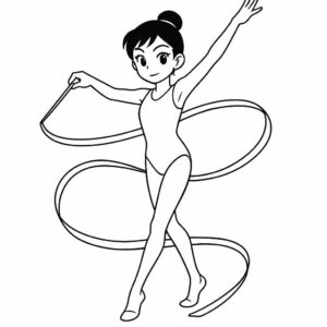 Coloring page of a competitive gymnast, rhythmic gymnast twirling a ribbon