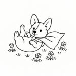 Page à colorier d&rsquo;un chien Corgi, curieux explorateur roulant sur l&rsquo;herbe
