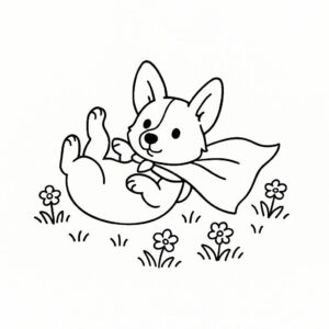 Coloring page of a Corgi dog, curious explorer rolling on the grass
