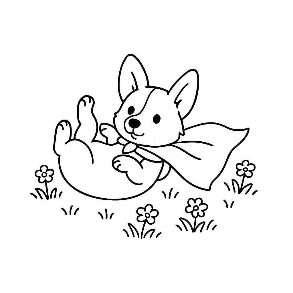 Coloring page of a Corgi dog, curious explorer rolling on the grass