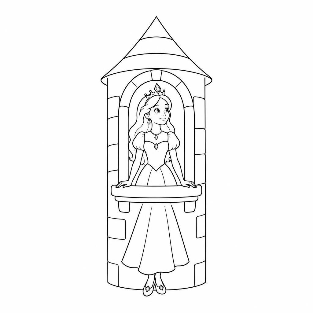 Coloring page of a enchanted princess, royal beauty looking out of a tower window