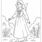 Page à colorier d&rsquo;une héroïne de conte de fées, noble protectrice se promenant dans un jardin
