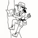 Page à colorier d&rsquo;une archéologue femme, lecteur de carte, escaladant une falaise avec des cordes