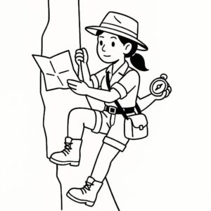 Coloring page of a female archaeologist, map reader scaling a cliff with ropes