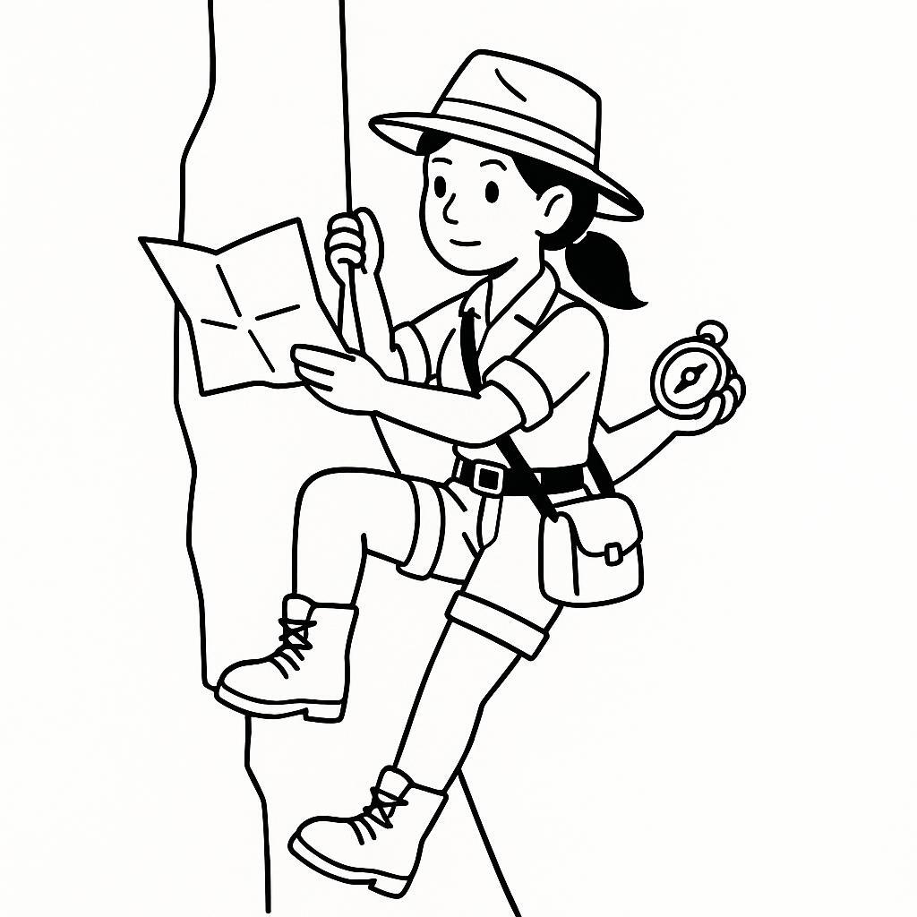 Coloring page of a female archaeologist, map reader scaling a cliff with ropes
