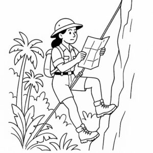 Coloring page of a female archaeologist, map reader scaling a cliff with ropes