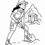 Page à colorier d’une archéologue femme, alpiniste creusant près de vieilles ruines