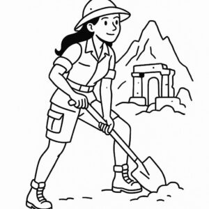 Coloring page of a female archaeologist, mountain climber digging near old ruins