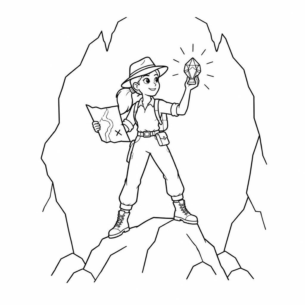 Coloring page of a female explorer, map reader standing on a mountain peak