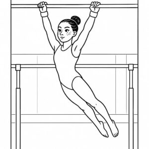 Coloring page of a female gymnast, aerial silk performer swinging on uneven bars