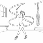Page de coloriage d’une gymnaste, artiste de tissu aérien, faisant tournoyer un ruban